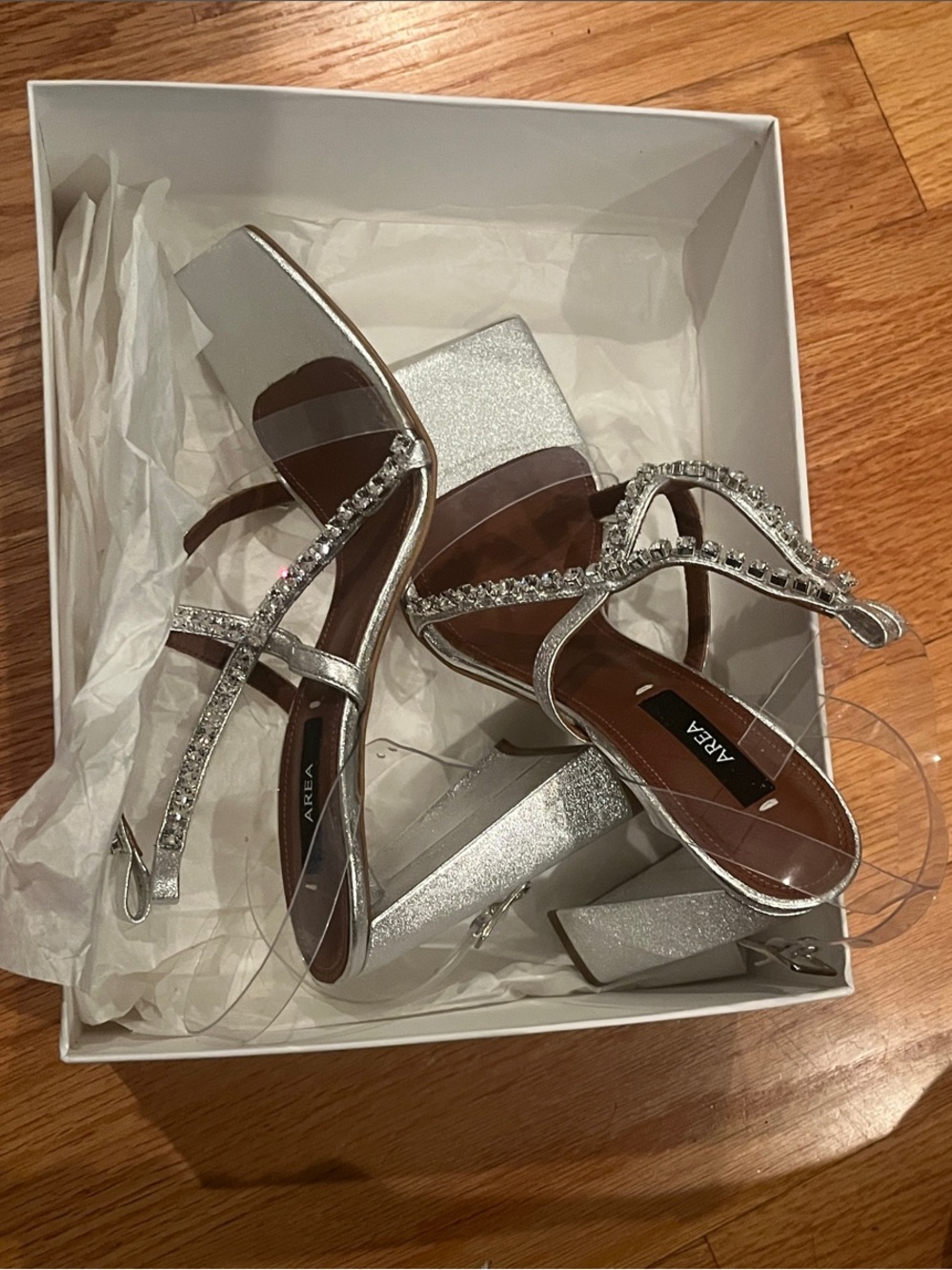 AREA Silver Rhinestone Block Heel Sandals with Clear Straps